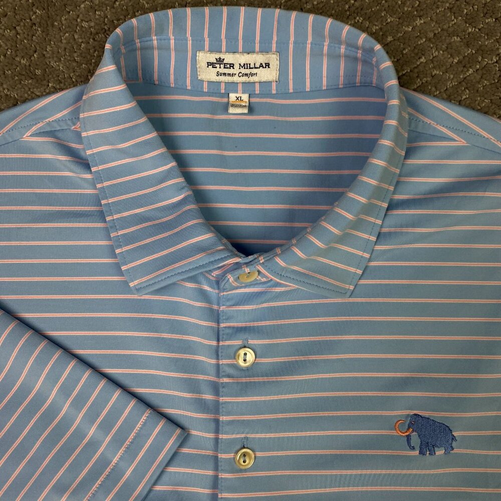 Peter Millar Polo Shirt Men's XL Blue Pink Stripe Mammoth Dunes Golf Performance